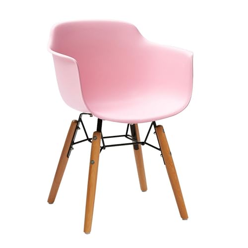 Benjara Lyna 16 Inch Kids Side Chair with Solid Back, Arms, Angled Wood Base, Pink, Brown and Black