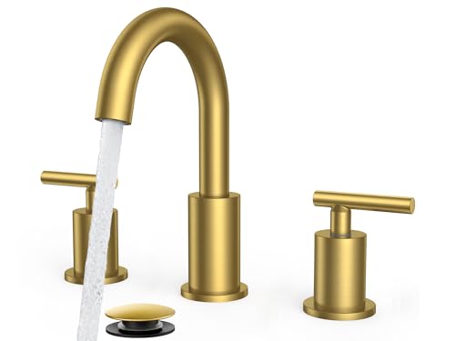 FORIOUS Brushed Gold Bathroom Faucet 3 Hole, 2 Handle 8 Inch Widespread Gold Sink Faucet Bathroom Vanity with 360 Degree Swivel Spout, with Pop Up Drain and cUPC Supply Line, for 6 to 12 in Sink