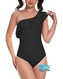 Beautikini Period Swimwear One Piece Menstrual Leakproof Period Swimsuit One Shoulder Ruffle Bathing Suits for Girls Teens