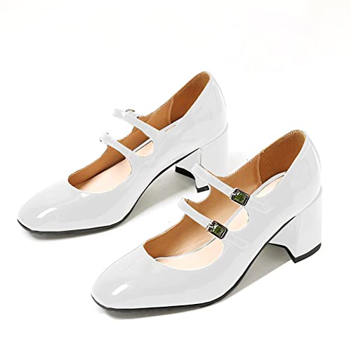 Women's Stylish Closed Round Toe Patent Leather Double Monk-Strap Vintage Low Chunky Heel Dress Mary Jane Pumps Shoes White Size 8.52