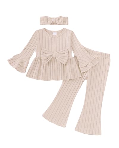 Image of SODLON Baby Girl Clothes Toddler Fall Winter Outfits Ruffle Long Sleeve Bow Top Flared Pants Set Bell Bottom Clothing 18M-5T