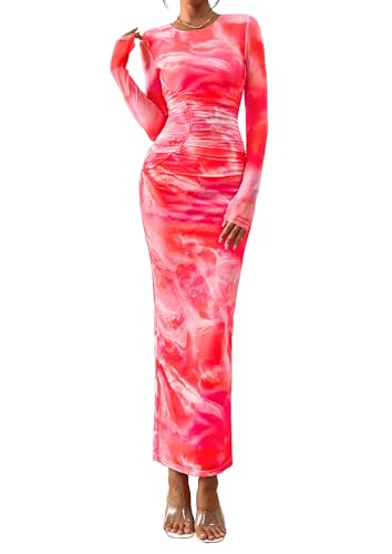 PRETTYGARDEN Fall Wedding Guest Dresses for Women 2025 Long Sleeve Ruched Sexy Bodycon Floral Mesh Cocktail Party Maxi Dress