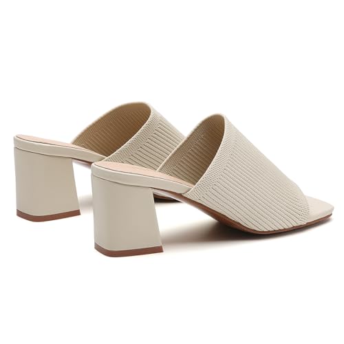 Image of Tilocow Knit Heeled Sandals for Women Square Open Toe Heeled Mules Chunky Block Low Heel Slip On Slides