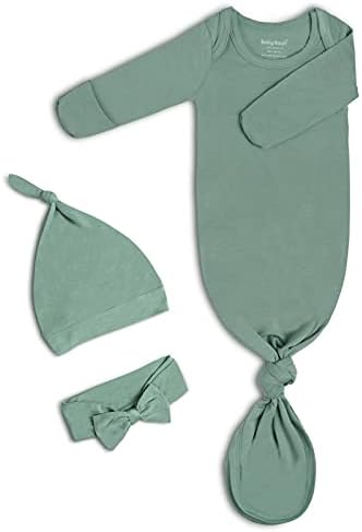Newborn Baby Knotted Gown, Super Soft Silky Infant Long Sleeve Sleeper with Tie Bottom, Baby Girl and Boy Sleep Gown with Mittens, Bow, and Hat Set Grey Green