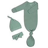 Newborn Baby Knotted Gown, Super Soft Silky Infant Long Sleeve Sleeper with Tie Bottom, Baby Girl and Boy Sleep Gown with Mittens, Bow, and Hat Set Grey Green