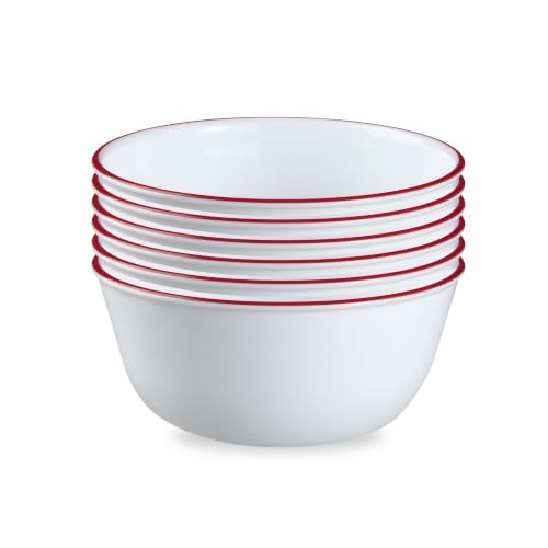 Corelle Vitrelle Glass 6-PC Bowls Set, For Soup Cereal & Dessert, Chip-Resistant & Lightweight Bowl Dinnerware Set, Red Banded 28 OZ