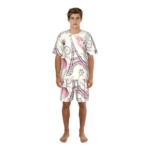 Pyjama d'été homme imprimé fleurs et Tour Eiffel, l'élégance décontractée à la maison