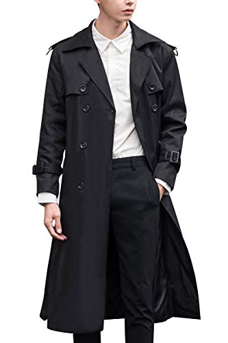 Image of Men's Elegant Over Length Trench Coat Basic Relaxed Fit Double Breasted Jacket Classic Notched Lapel Fleece Lined Plus Size Winter Windbreaker,Black,TAG 8XL(Fits Like US 5XL)