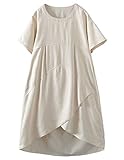 Tebreux Women's Linen Midi Dress Oversized Short Sleeve Sundress Baggy Tunic Dresses with Pockets Natural Linen 2XL