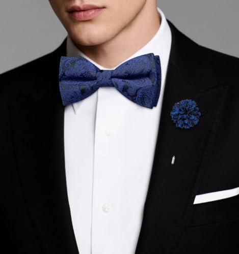 Image of Dubulle Mens Paisley Striped Bowtie Set Pre-tied Bowtie for Men and Pocket Square Set Wedding Business