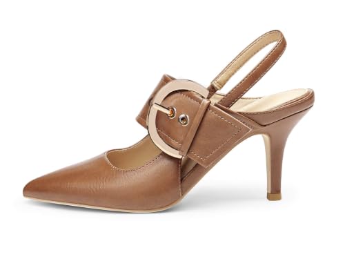 Image of Coutgo Womens Slingback Pumps Closed Pointed Toe High Heels Belt Buckle Strap Dressy Work Shoes