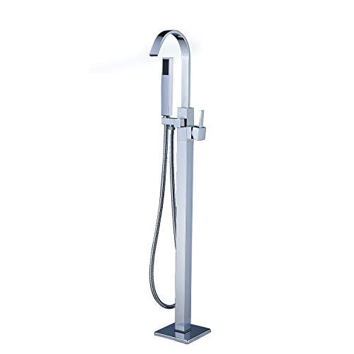 40% Off Discount Saeuwtowy Bathroom Freestanding Floor Mounted Bathtub Faucet Tub Filler Single Handle Mixer Tap with Rainfall Hand Shower Chrome Finish Solid Brass