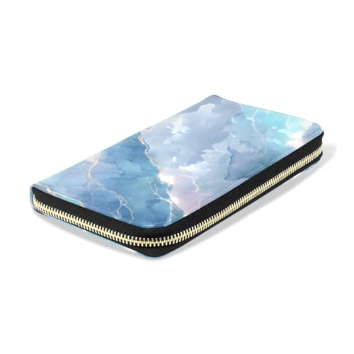 Long Wallets Leather Bifold Wallet for Women Blue Marble Texture with Zipper Credit Card Holder Large Capacity4