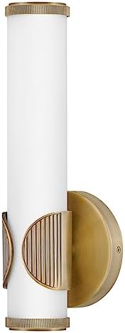 Hinkley Femi Medium LED Bath Vanity Sconce, Integrated LED, Cast Aluminum Ribbed Cuff, Mount Up or Down, Lacquered Brass and Etched Opal Glass