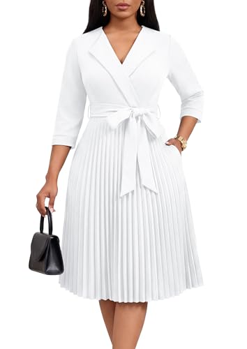 Nmoder Pleated Dress Women Lapel Collar Tie Waist Church Dresses White