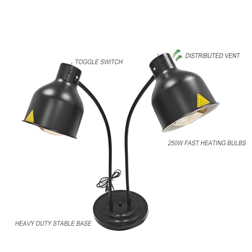 2-Head Food Heat Lamp Warmer w/Rapid-Heating Bulbs, Commerical Food Warmer Heating Lamps for Restaurant Kitchen Buffet Catering, Parties Food Heated Warming Lamp (Black, Dual Bulbs)