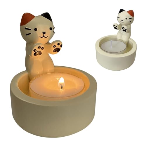Cat Candle Holder Warming Paws Cartoon Kitten Candle Holder Cute Cat Scented Small Mini Tea Light Candle Holders Tangcii Cat Decor for Cat Lover Gift for Girl Women (Calico cat), White