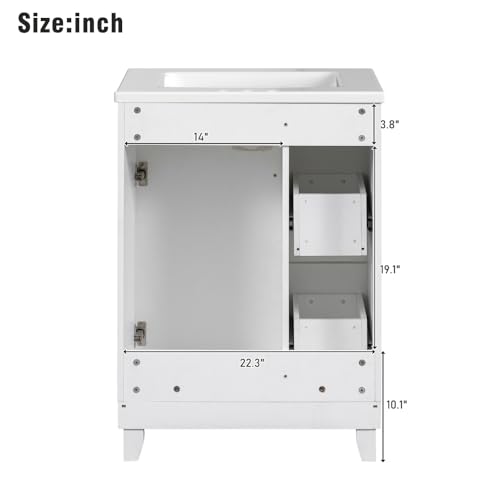 Image of 24 Inch Bathroom Vanity with Ceramic Sink, Freestanding Vanity Cabinet with 2 Drawers and 1 Door (White)
