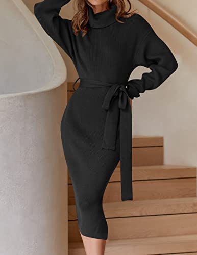 ZESICA Women's Turtleneck Sweater Midi Dress Long Sleeve Ribbed Knit Bodycon Slit Dress with Belt3