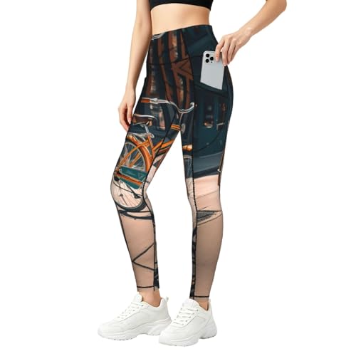 Leggings naranjas con estampado de bicicleta para mujer con bolsillos elásticos