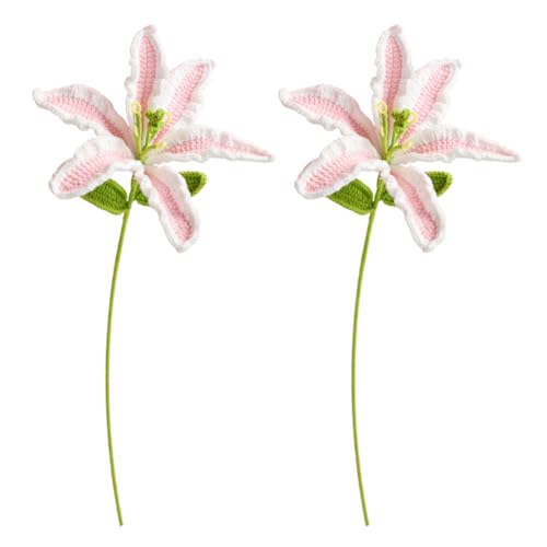 Magicherry Bouquet di fiori di giglio artificiali fatti a mano all'uncinetto, 2 pezzi, lavorato a maglia, per composizioni floreali fai da te, decorazione per la casa e per matrimoni, sfumato rosa