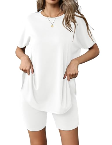 Image of Ekouaer Women's 2 Piece Lounge Set 2026 Summer Biker Shorts Set Outfits Short Sleeve Oversized Top Matching Tracksuit