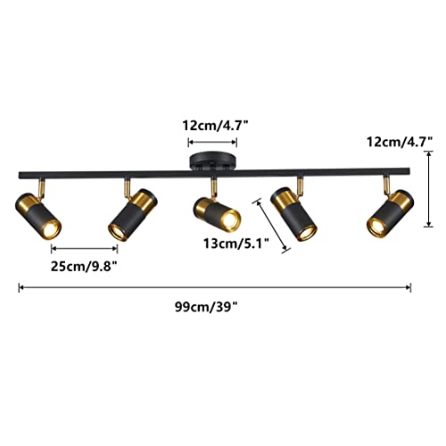 Image of 5-Light Track Lighting, Matte Black LED Ceiling Spotlight | 5 adjustable heads direct focused light,black and gold,39-inch flush mount design for kitchens, living rooms, and hallways