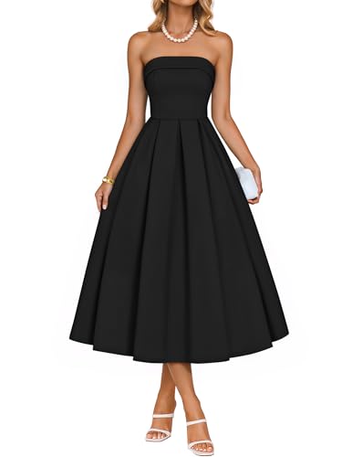 ZESICA Women's Summer Strapless Cocktail Dresses 2026 Elegant Off Shoulder Flowy A Line Wedding Guest Party Midi Dress Black Small