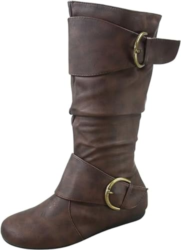 Image of Forever Link Women's Klein-70 Closed Round Toe Buckle Slouch Flat Heel Mid-Calf Boot