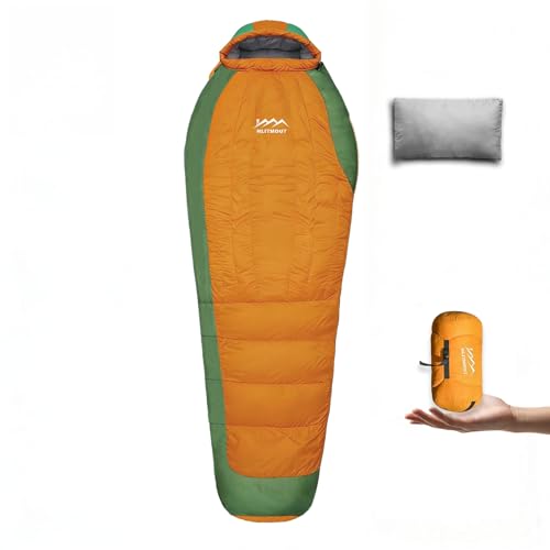 HLITMOUT Down Sleeping Bag with Pillow 0F 20F 32F Regular and XL Compact Lightweight Sleeping Bag for Adults Teens Backpacking Camping and Hiking Outdoor (Orange Regular 32F)
