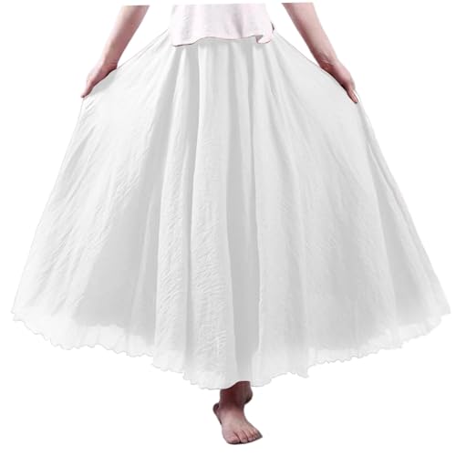 Linen Skirts for Women, Linen Maxi Skirt White Bohemian Long Skirt with Pleats A-Line Double Layer Summer Elastic Waist 33.5 in Long Flowy Beach Maxi Dress4