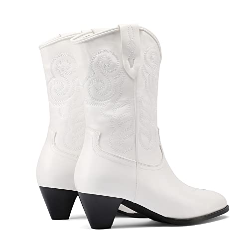 Image of Womens Embroidered Cowgirl Boots Pull On Cowboy Boots for Women Floral Low Chunky Heel Western Boots