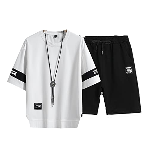Survêtement hip-hop homme blanc XXL ensemble t-shirt et short 2 pièces imprimé patchwork
