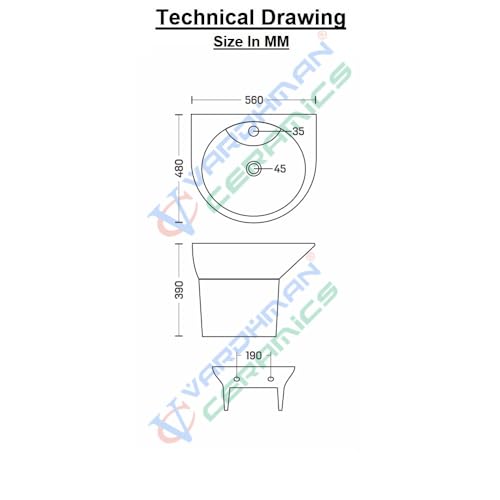 Image of Wash Basin Wall Hung Mounted Glossy Finish White Sink for Bathroom (22 x 19 x 15 Inch)