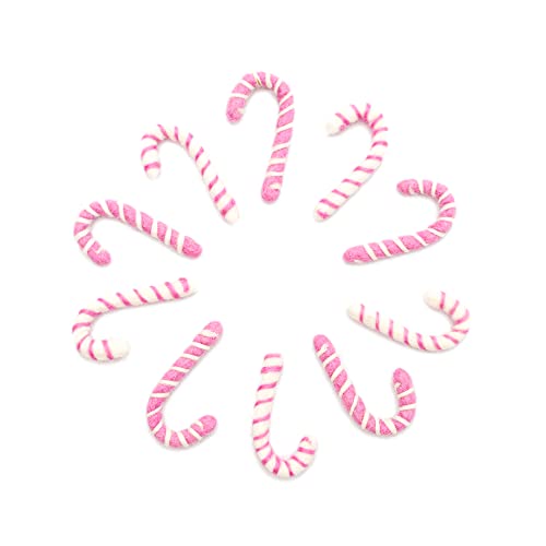 Glaciart One Felt Candy Cane Decoration (Pink/White)- DIY Garland, Arts Crafts Supplies, Cute Home Decor for Christmas - Baby Mobile Ornaments - Hand-Felted Natural Wool Material - Set of 10