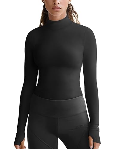 Zengjo Mock Neck Long Sleeve Workout Top, Thumb Hole Athletic Shirts for Women Running Yoga Lightweight Thermal Baselayer