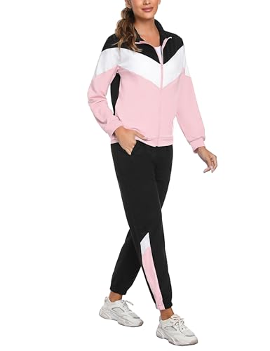 Marvmys Conjunto Chándal Mujer Contraste Conjuntos Deportivo Otoño Invierno Top Manga Larga con Cremallera y Pantalones Deportivos B-rosa M