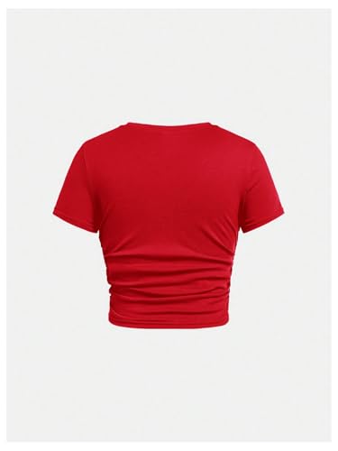 Girl's Short Sleeve Ruched Tee Tops Basic Crew Neck Slim Fit T Shirts with Hair Ties2