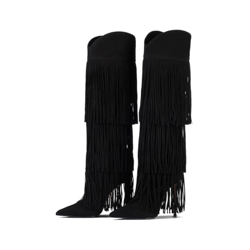 Layer Fringe Tassel Knee High Boots Women Suede Pointed Toe Stiletto Heel Long Booties Fall Fashion Dress Cowgirl Boot
