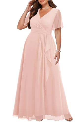 Talisea Plus Size Pink Dress Formal Wedding Guest Chiffon Long Dress Women