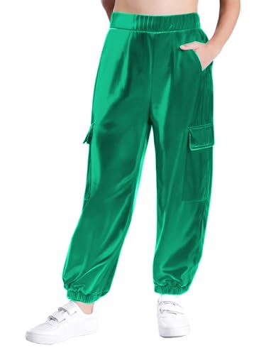 JEATHA Kids Jazz Hip Hop Dance Pants Shiny Metallic Joggers Trousers Sparkly Cargo Sweatpants Holographic Bottoms
