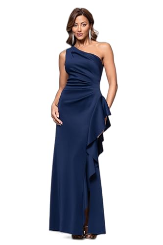 Xscape Women's One-Shoulder Gown with Cascading Ruffle Detail and Ruched Waist