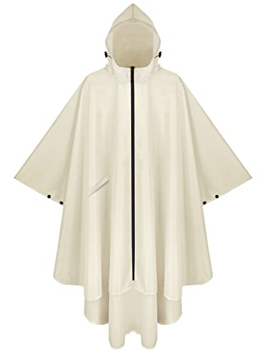 PTEROMY Hooded Rain Poncho with Pocket(Blue)+Hooded Rain Poncho with Pocket and Zipper(Beige)2