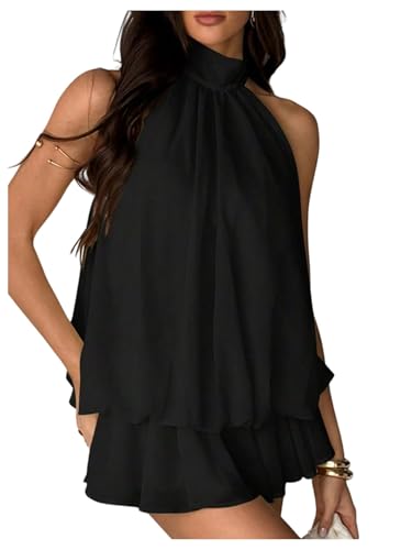 Image of GORGLITTER Women's Summer Halter Tie Mini Dress Open Back Flared Ruffle Sundress Chiffon Sexy Night Out Dresses Black Small