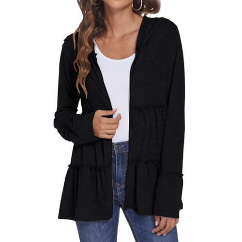 Full Zip Up Hoodie Women Pleated Tiered Ruffle Hooded Sweatshirt Lightweight Open Front Cardigan Coat Casual Jacket