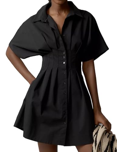 Summer Button Down Pleated Shirt Dress for Women Striped Print V Neck Short Sleeve Mini Dress Casual Corset Dresses