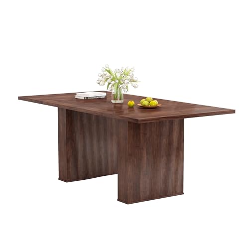 Image of QHITTY 78 Inch Fluted Dining Table, Wood Kitchen Table for 6 to 10, Farmhouse Long Rectangle with Strip Base for Dining Room, Kitchen Walnut