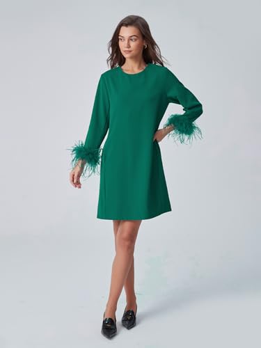 Image of D-Sun Women Feather Dress 3 /4 Feather Sleeves Mini Dress | Round Neck,Elegant Party Dress, Wedding Guest Cocktail Dresses with Pocket