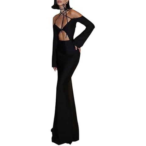 magorange Women Sexy Long Sleeve Backless Maxi Dress Hollow Out Off Shoulder Strappy Neck Long Party Dress Black Cover