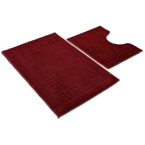 Ambience Products Lot de 2 tapis de bain antidérapants doux et lavables à séchage rapide - Motif clé grecque - Tapis de douche et contour WC (bordeaux)
